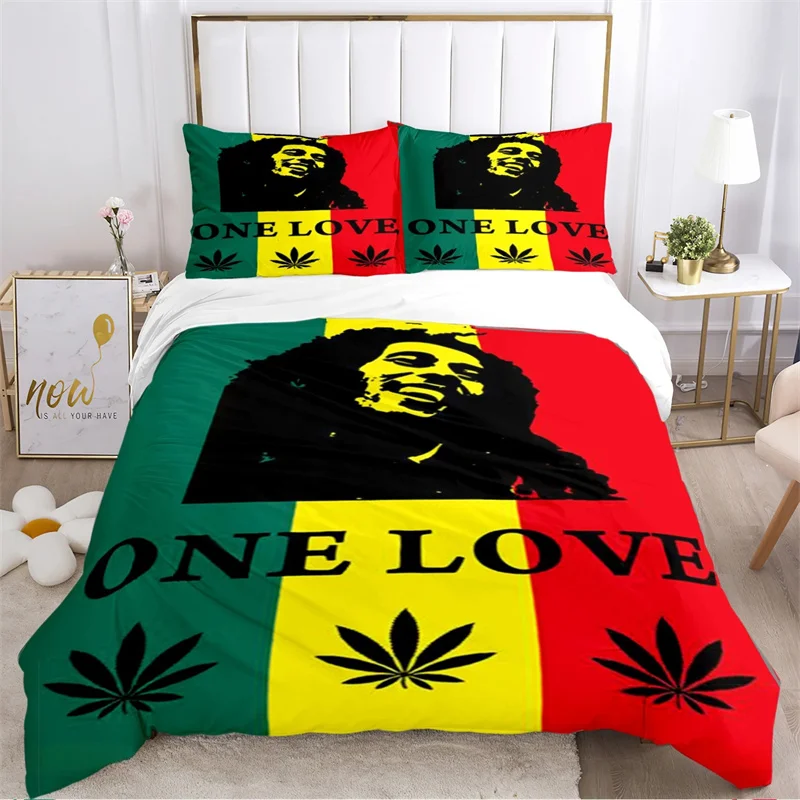 Bob Marley Reggae Music Maple Leaf Comforter Bedding Set,Duvet Cover Bed Set Quilt Cover Pillowcase,King Queen Size Bedding Set