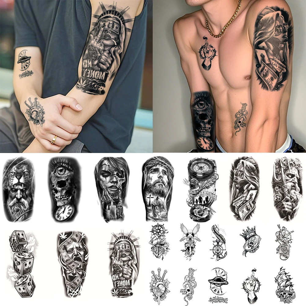 

20pcs Waterproof Temporary Tattoo Sticker Jesus Lion Skull Compass Zeus Dice Chicano Body Art Arm Fake Tattoos Sleeve Women Men