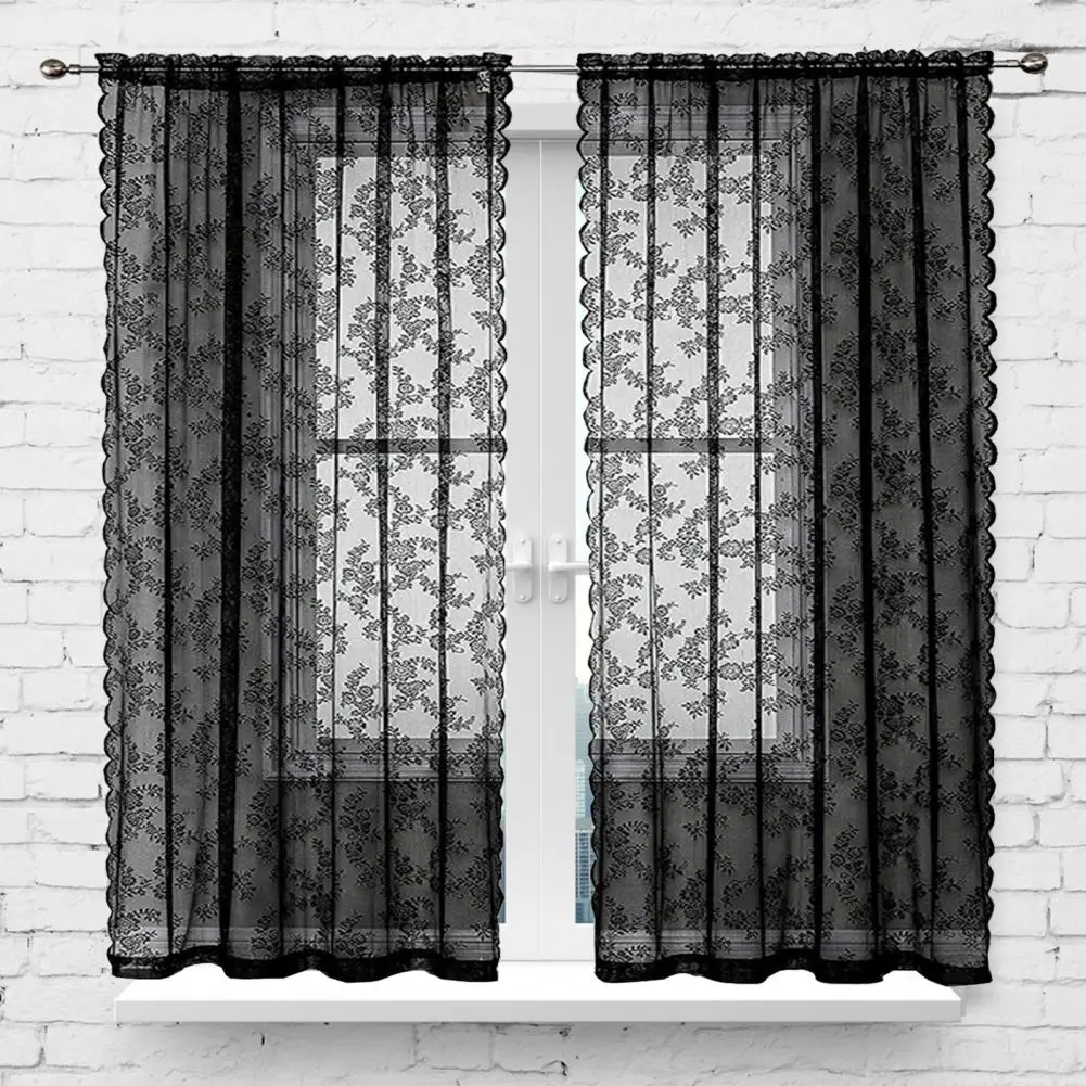 Lace Curtain Decorative Good Air Permeability Sunscreen Window Curtain Dustproof Floral Patterned Black Lace Sheer Curtain