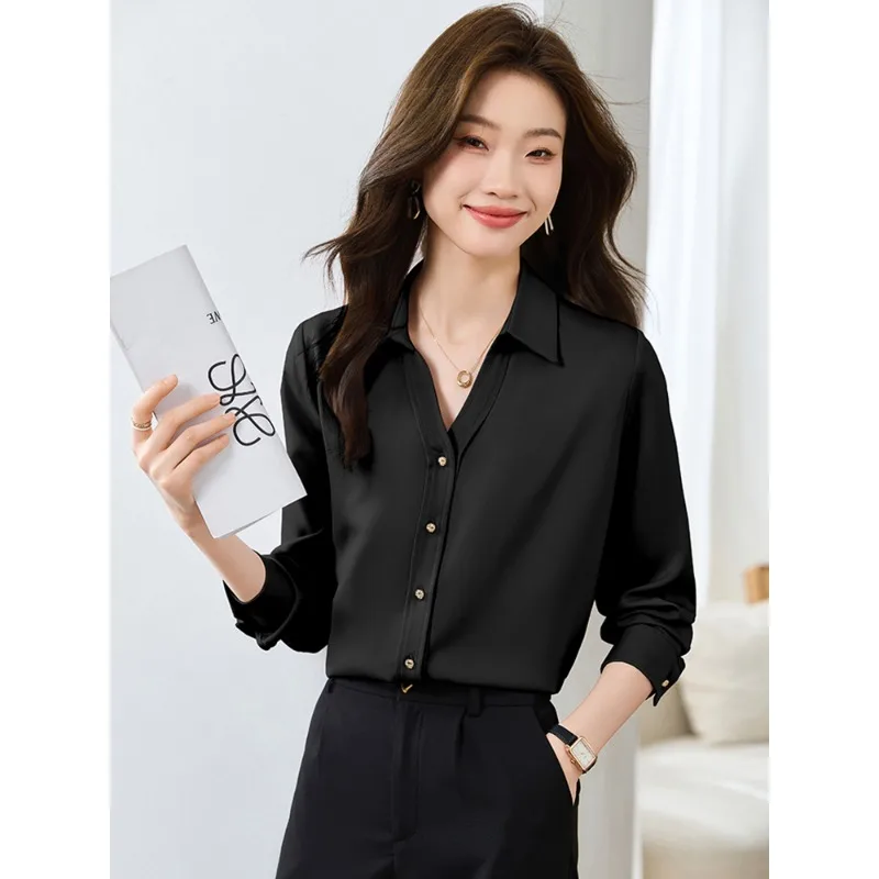 Women's Graceful Solid Spring Autumn Satin Shirts Office Lady Fashion Long Sleeve Polo Blouse 2024 Falls New Work Tops Female