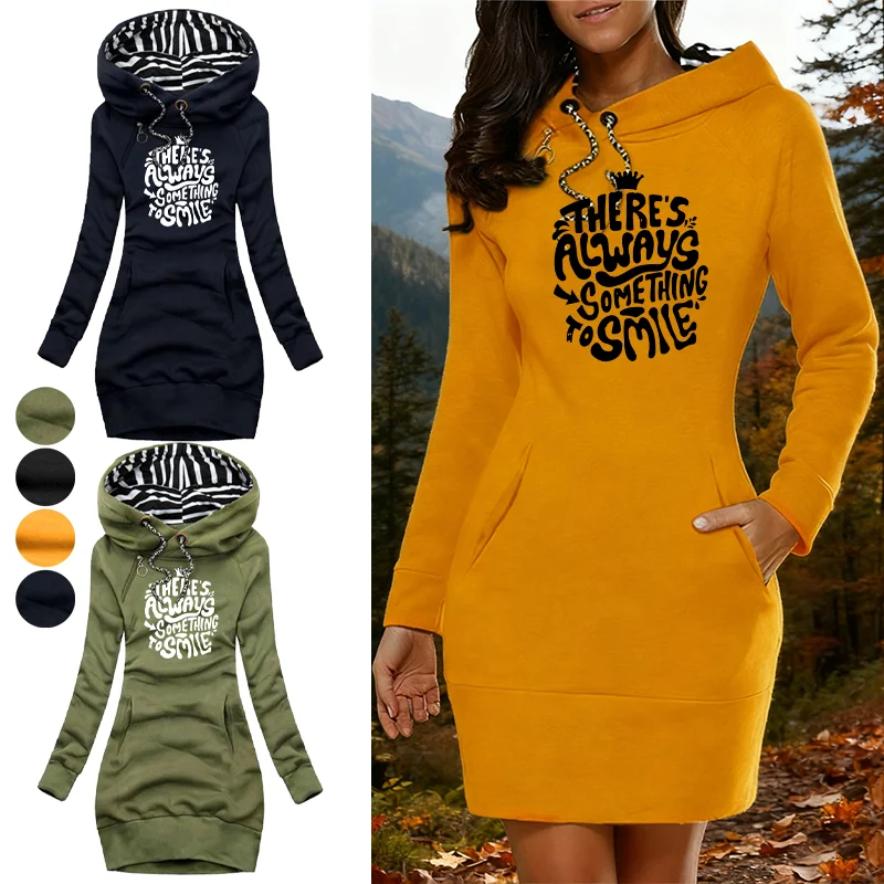 มีบางอย่างที่ควรยิ้มเสมอ ลายพิมพ์ฤดูใบไม้ร่วงและฤดูหนาว ชุดเดรสแฟชั่นผู้หญิงมีฮู้ด ชุดเดรสแบบมีฮู้ด ชุดเดรสแบบเสื้อสเวตเตอร์ผู้หญิง