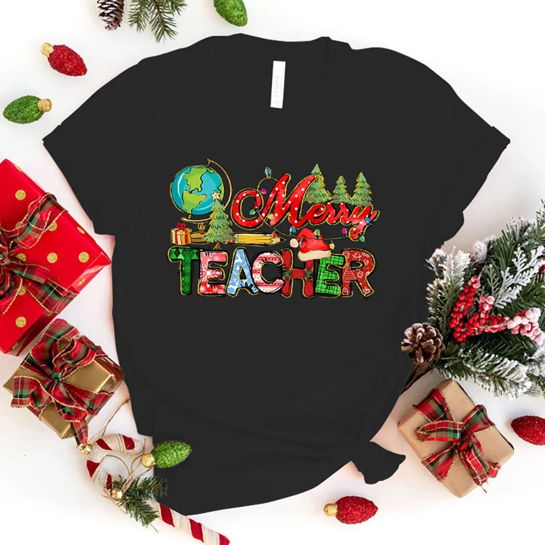 Men Fashion T Shirt Funny Christmas Merry Teacher Letter Print T Shirt Christmas Merry Teacher Graphic Tee Shirt Unisex Casual P