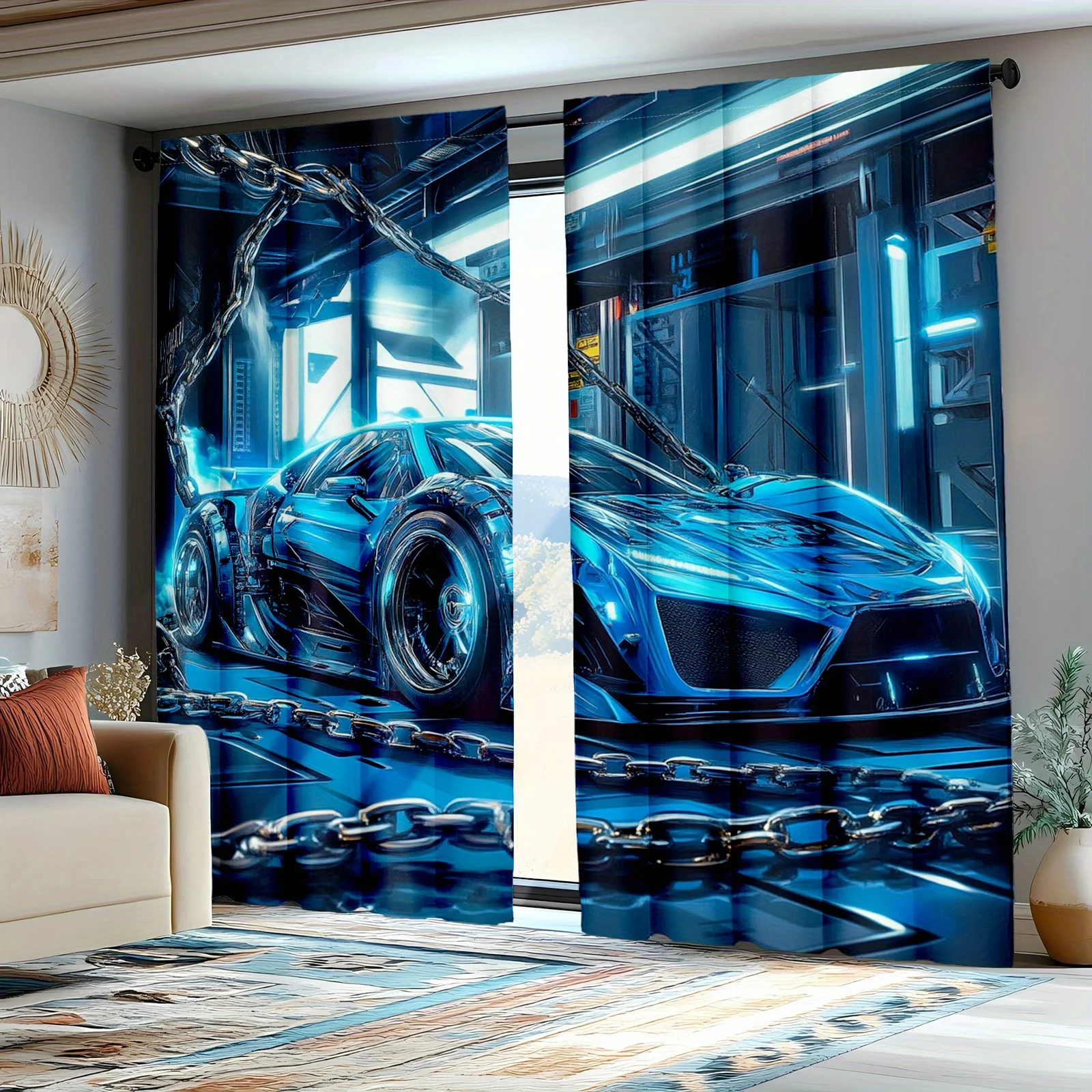 Blaue Sportwagen-Vorhänge, futuristisches Design, Fenstervorhänge, Rennthema, Heimdekoration, Auto-Kunst, Wohnzimmer
