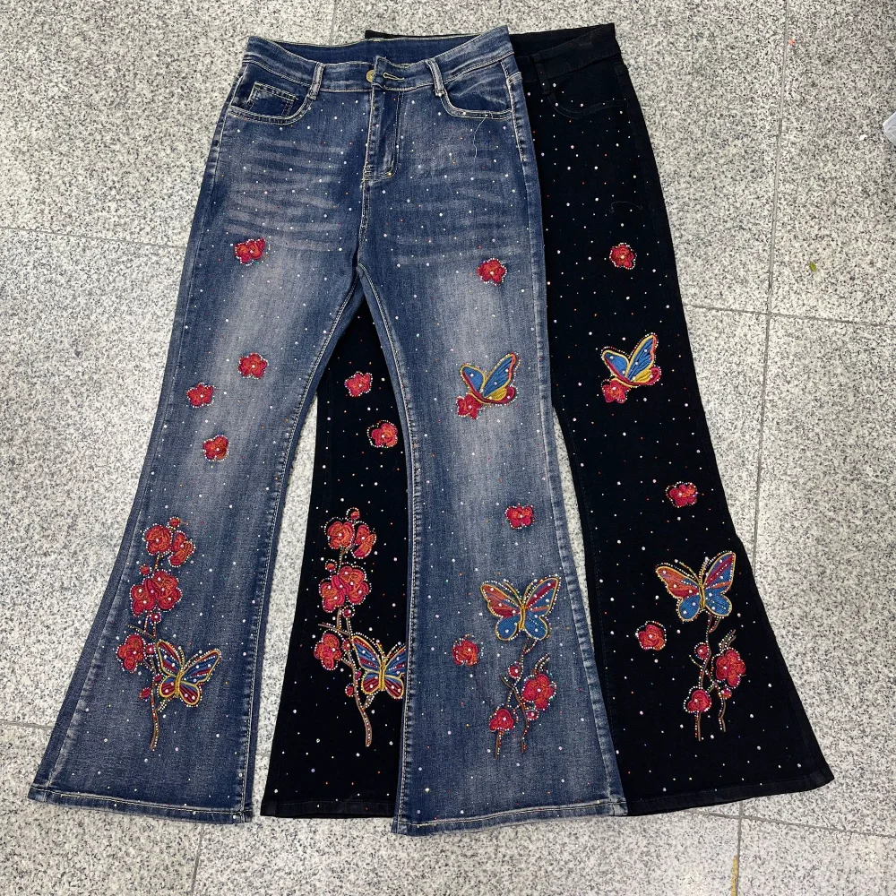 Jeans Women Embroidered Flower Hot Diamond High Waist Slimming Elastic Denim Micro Pull High Waist Jeans