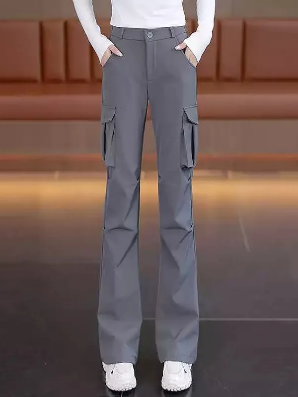 Slimming Micro Flared Work Trousers for Women Summer Black Quick Dry High Waist Cargo Pants Long Leg Lengthening Korean Style
