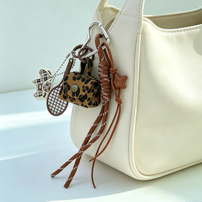 Trendy Leopard Print Mini Purse Keychain Bag Pendant Accesories for Backpack Maillard Braid Rope Charm Decor Accessories