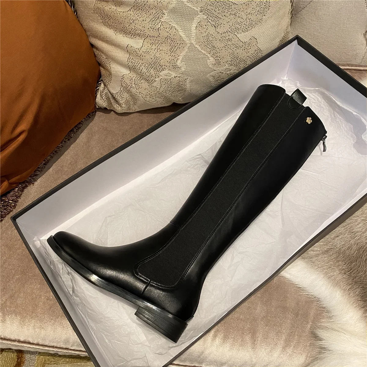 Black Women Long Boots Spring Autumn New Zipper Style Ladies Shoes Slip On Cozy Knight Boots Metal Decoration Zapatos Mujer 2024