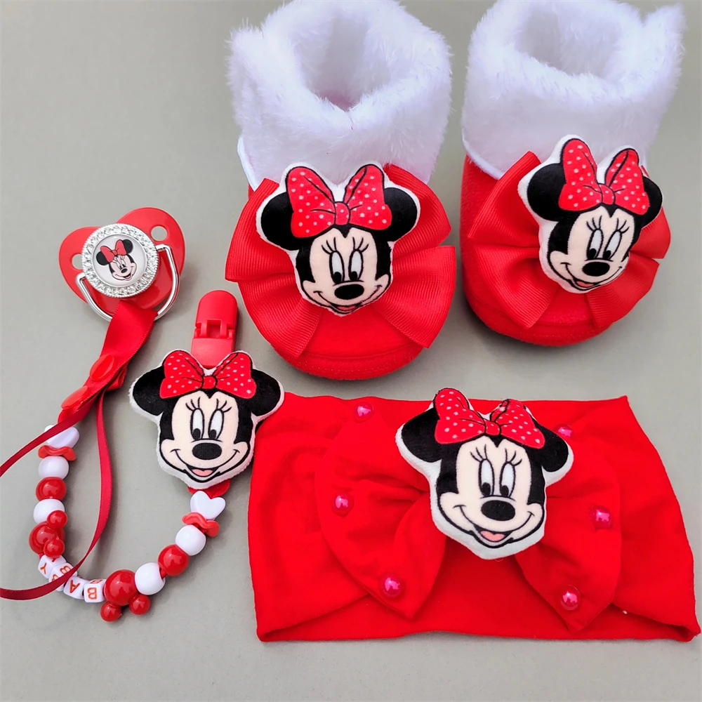 [0-9M Newborns Boots ] Minnie Mouse Winter Plush Thick Boot for Girl Red Matching Dolls Set Princess Dress Up Photography Props