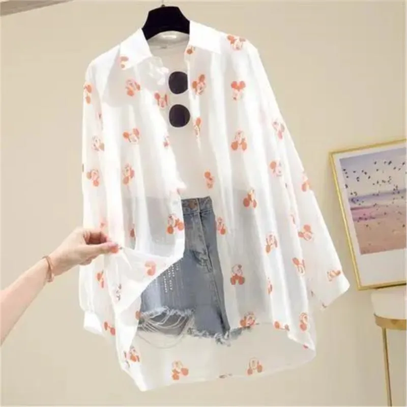 New Cartoon fashion Mickey Sunscreen Shirt Women\'s Spring Summer Korean Edition Long Sleeve T-Shirt Loose Thin Shirt Cardigan