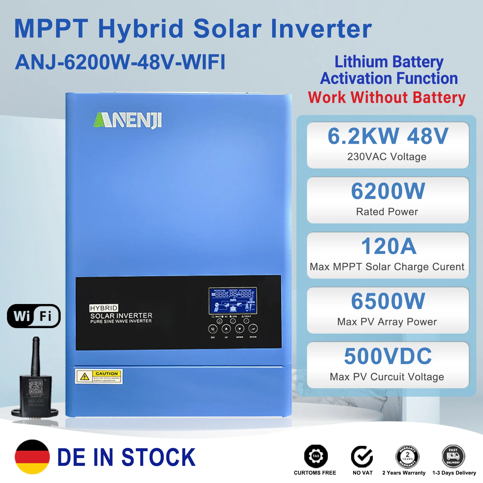 Inversor Solar híbrido de 6,2 kW, 4KW, 48V, 24V, MPPT, onda sinusoidal pura, Inversor de red de encendido/apagado, 230V, 120A, 100A incorporado, cargador Solar PV 500V