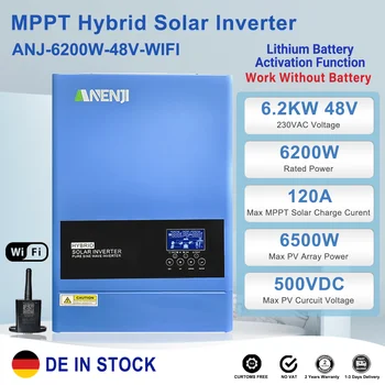 6.2KW 4KW 48V 24V Hibrit Solar İnvertör MPPT Saf Sinüs Dalgası Açma/Kapama Izgara İnvertör 230V Dahili 120A 100A Solar Şarj Cihazı PV 500V