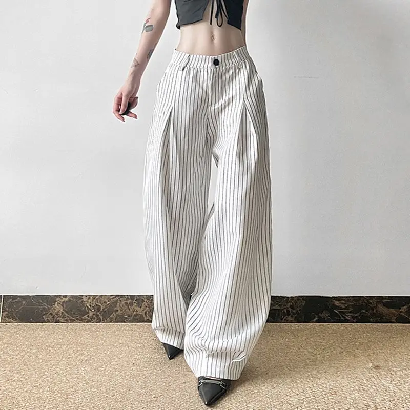 Korean Version Fashion Loose Stripe Print Women'S Pants Elegant High Waist Full Length Pants Casual Classic Full Length Trousers