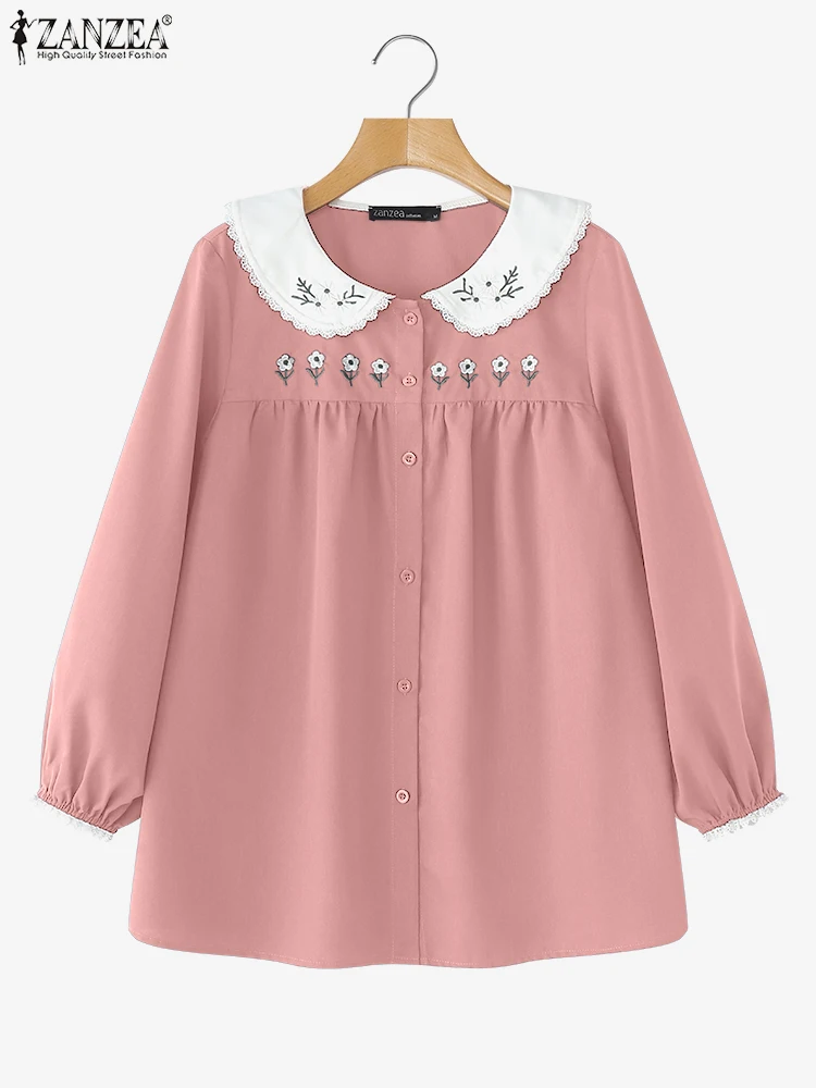 ZANZEA 여성 블라우스 패션 긴 소매 프린트 셔츠 2025 가을 피터팬 칼라 우아한 플리츠 튜닉 탑 휴가 블라우스