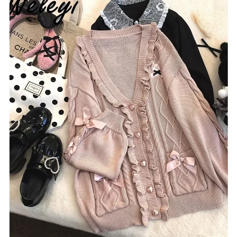 Lolita Cute SC Rabbit Embroidered Wood Ear Knitted Cardigans Sweet Fried Dough Twists Love Strap Mid-length Sweater Cardigan