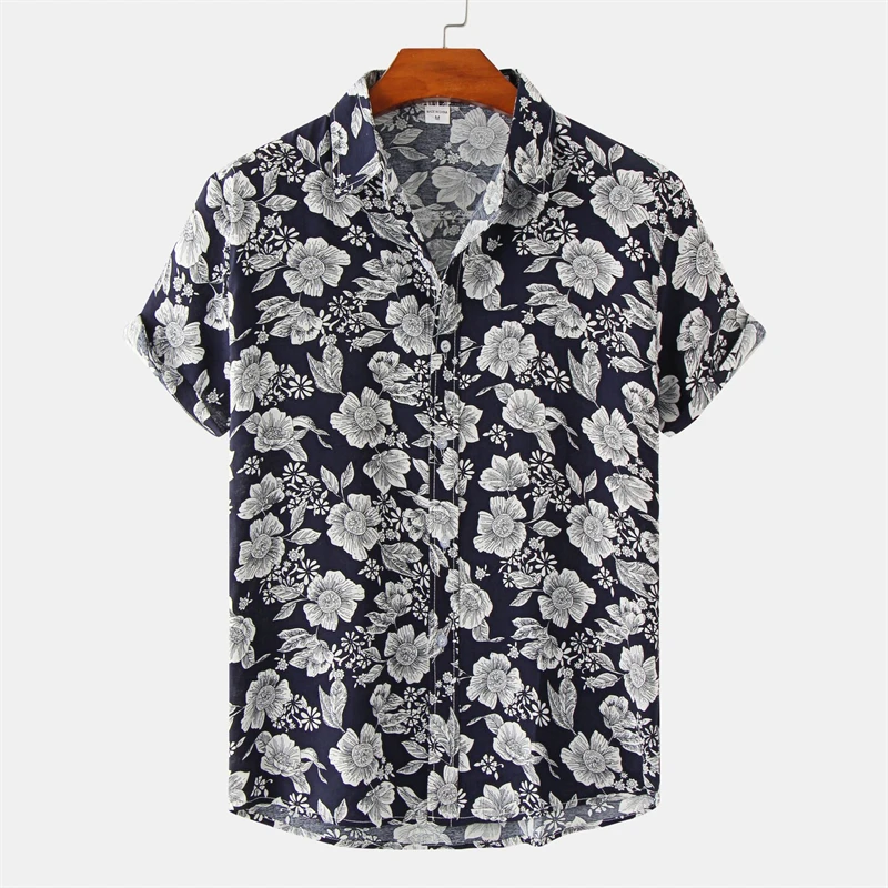 Black and White Flower Printed Men\' shirt Summer Casual Oversize Men Lapel Short Sleeve Fashion Street Shirts Hipster Male