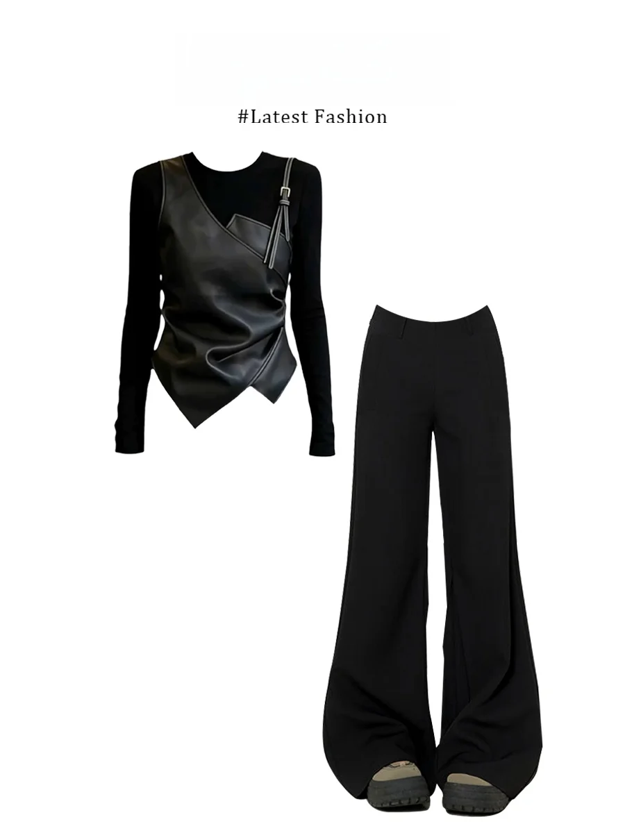 

Cool Fashion Patchwork Fake Two-Piece T-Shirt And Casual Pants Set Early Spring Popular Korean Style Women's Ensemble