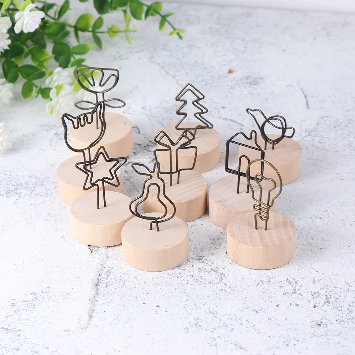 9Pcs Rustic Wood Memo Clips Assorted Shapes Photo Card Stand Holder for Christmas Anniversary Dorm Living Room Table Number