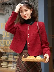 MISHOW French Short Wool Blend Coat Women Autumn Winter Korean Cropped Warm Crew Neck Jacket Thick Outerwear Tops MXC52W0114