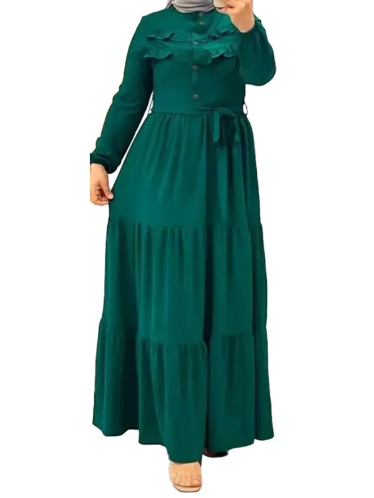 Elegant Vestidos Eid Muslim Women Loose Belt Dress Abaya Party Dresses Ramadan Dubai Arab Turkey