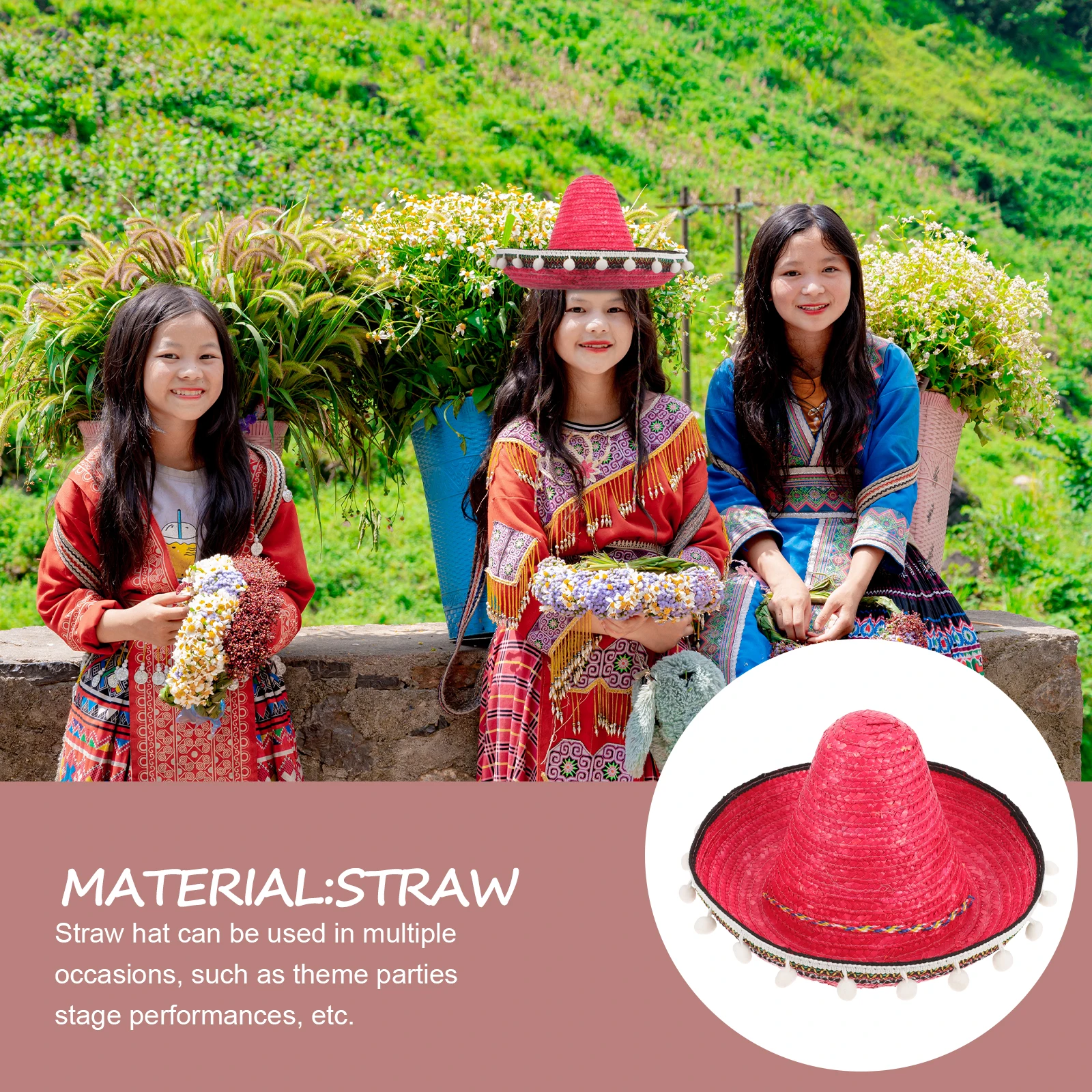 

Straw Hats for Kids Performance Red Pompom Carnival Party Hats Mexican Theme Sombrero Dance Props Wide Brim Comfortable Family