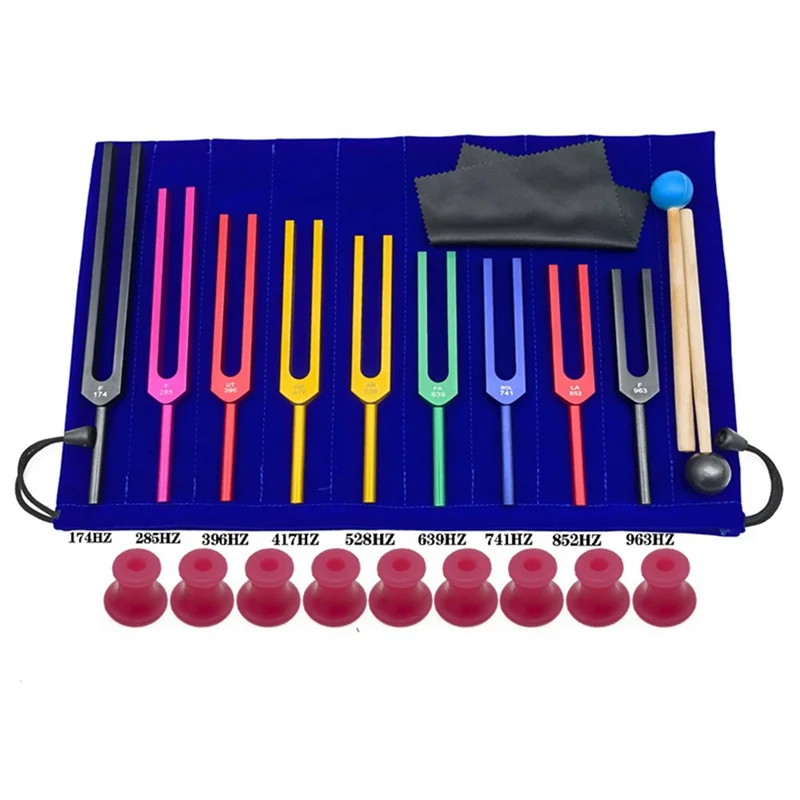 Horquillas de afinación de aleación de aluminio Solfeggio, horquillas de afinación para terapia, terapia de voz, azul, 9 piezas