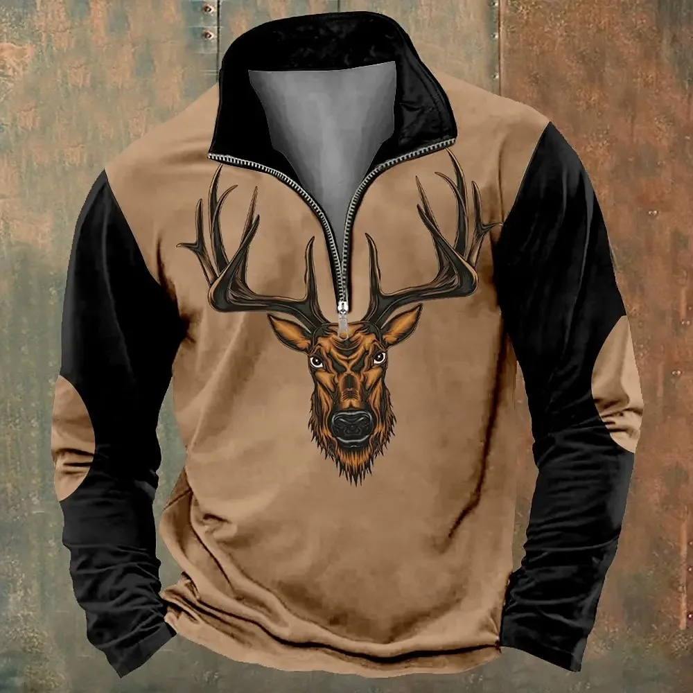

Trendy Vintage Elk Graphic Stand Collar Shirts 3D Printed Casual Men's Sweatshirt Autumn Zip Sports Top Street Retro Men Clothes