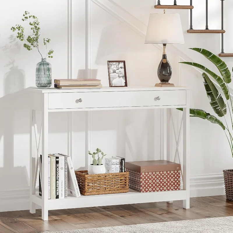 

White Console Table with Drawer and Storage Shelves, Foyer Sofa Table Narrow for Entryway, Living Room, Hallway US(Origin)