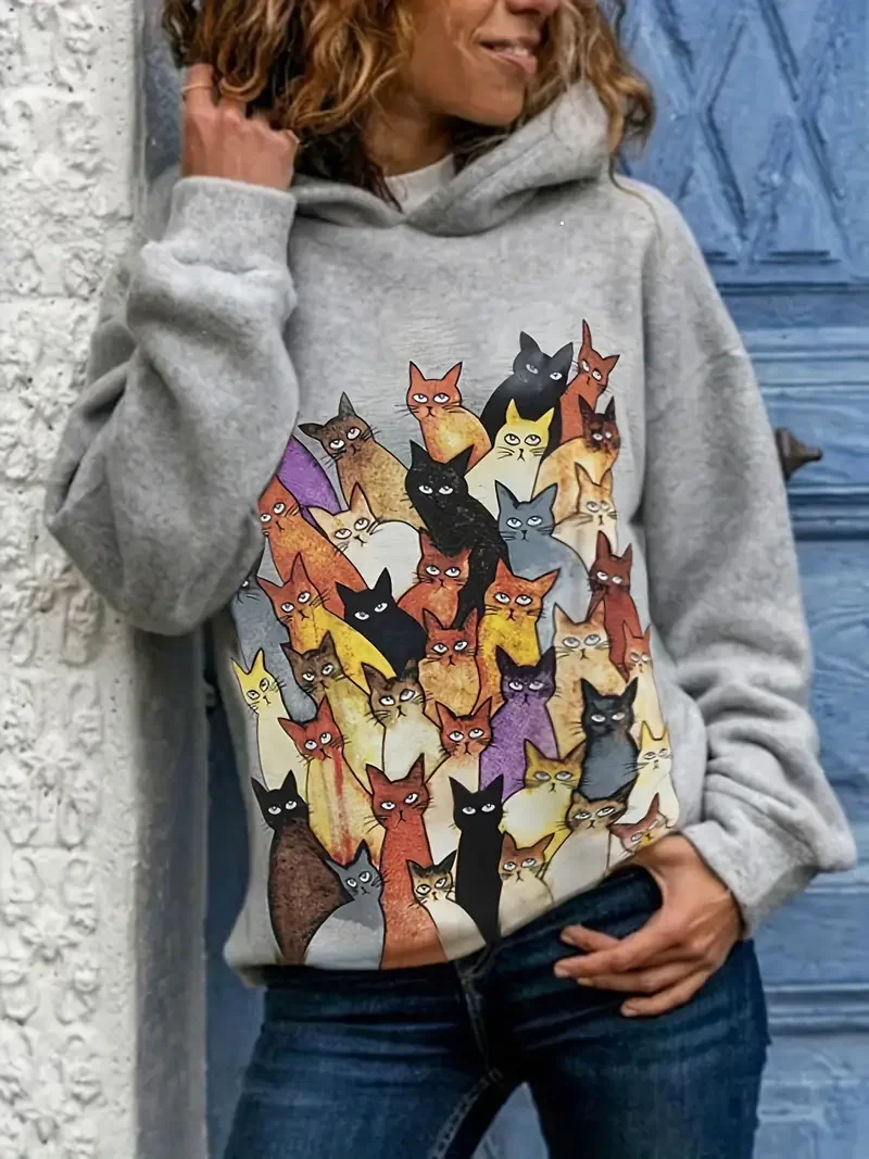 Modne Nowe Śmieszne Bluzy z Kapturem z Nadrukiem Kota 3D Damskie Codzienne Bluzy Oversize Pulower Y2K Bluzy z Kapturem Top Damska Odzież Płaszcz