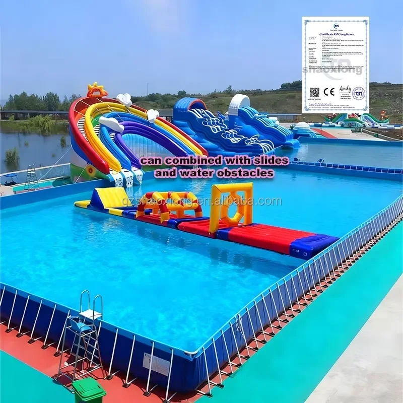 PVC Outdoor Kid Adult Rectangular Metal Steel Frame Pool Water Park Swimming Pool with Inflatable Slide and Obstacle Course