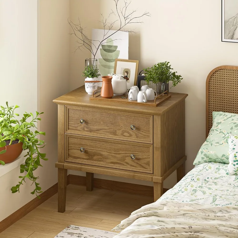 Meja Nakas Kayu Solid dengan 2 Laci, Meja Samping Tempat Tidur/Meja Nakas Praktis, Meja Sudut dengan 2 Laci untuk Kamar Tidur atau Ruang Tamu