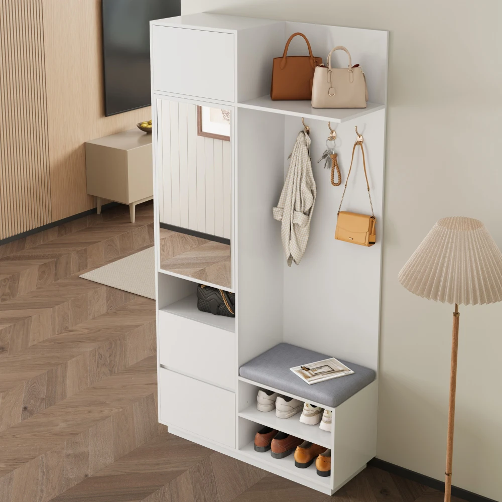 PINGGO Kompaktes Garderobenset mit Spiegel und Sitzbank, Flur-Aufbewahrungssystem mit Schuhregal und Kleiderhaken, Schlafzimmer-Möbelsystem – Detail 9