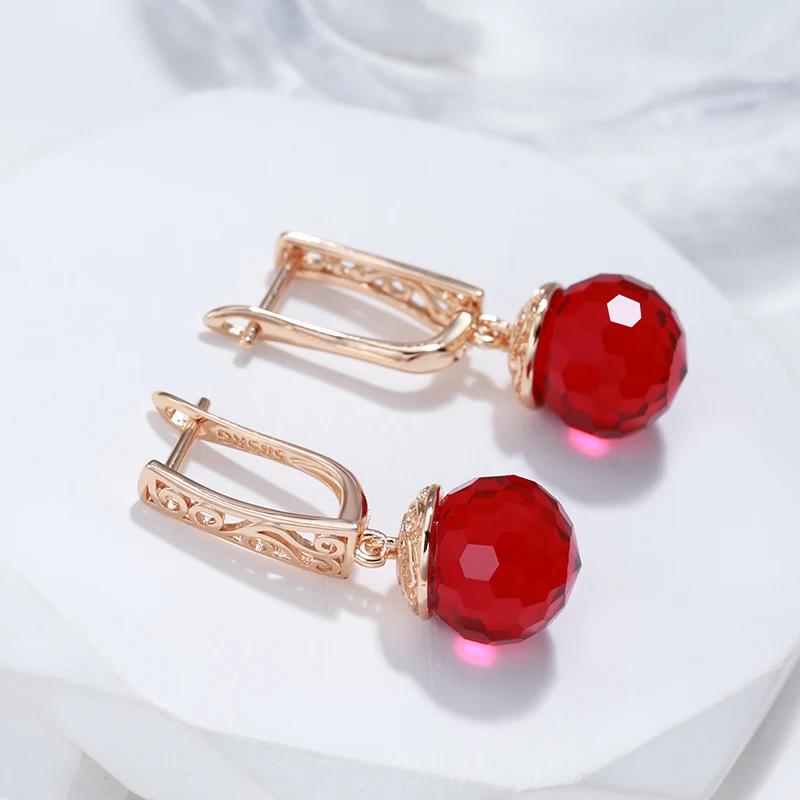 Kinel New 585 Rose Gold Color Long Dangle Earrings For Women Red Natural Zircon Ball Bride Drop Earrings Vintage Wedding Jewelry