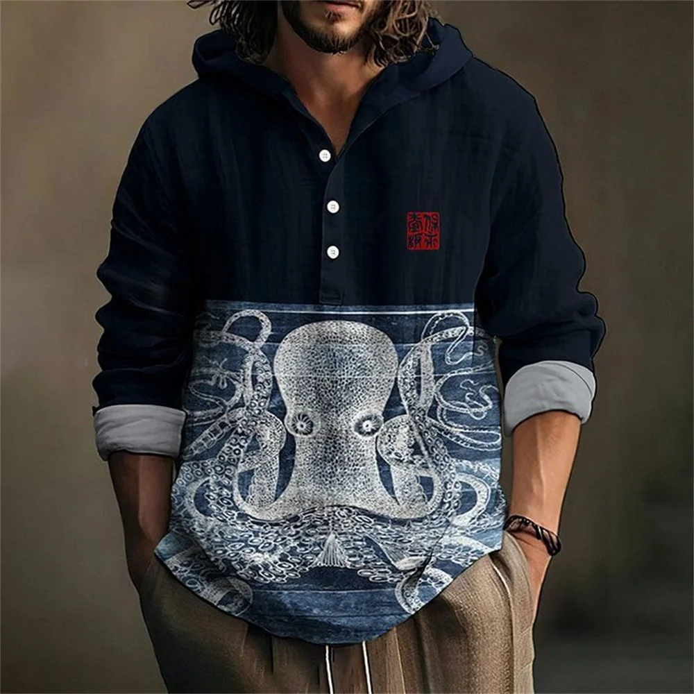 Fashion Spring and Autumn Japanese Art Ink 3D Printed Octopus Shirt Men's Linen Hooded Long Sleeve Pullover Top