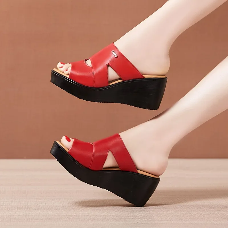 Plus Size 33-43 Casual Outside Medium Heels Platform Wedges Slippers Women Shoes Summer 2024 Beach Office Soft Leather Slides