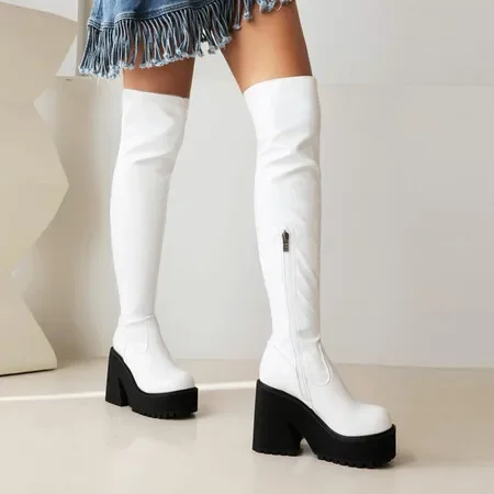 

Patent Leather Thigh High Boots for Women Chunky Block Heel Platform Gothic Boots Zipper Sexy Woman Shoes Autumn Winter