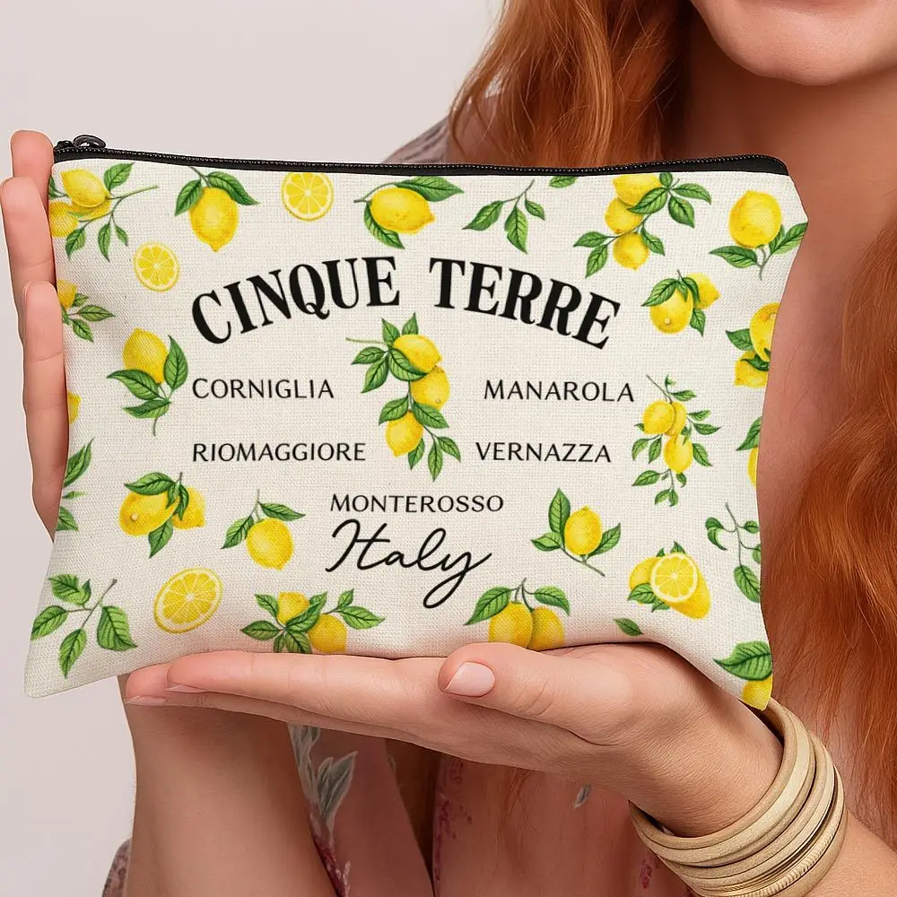Mediterranean Pattern Makeup Bag Lemon Typography Portable Travel Women S Bags Toiletry Bag with Zipper Closure Storage Bags