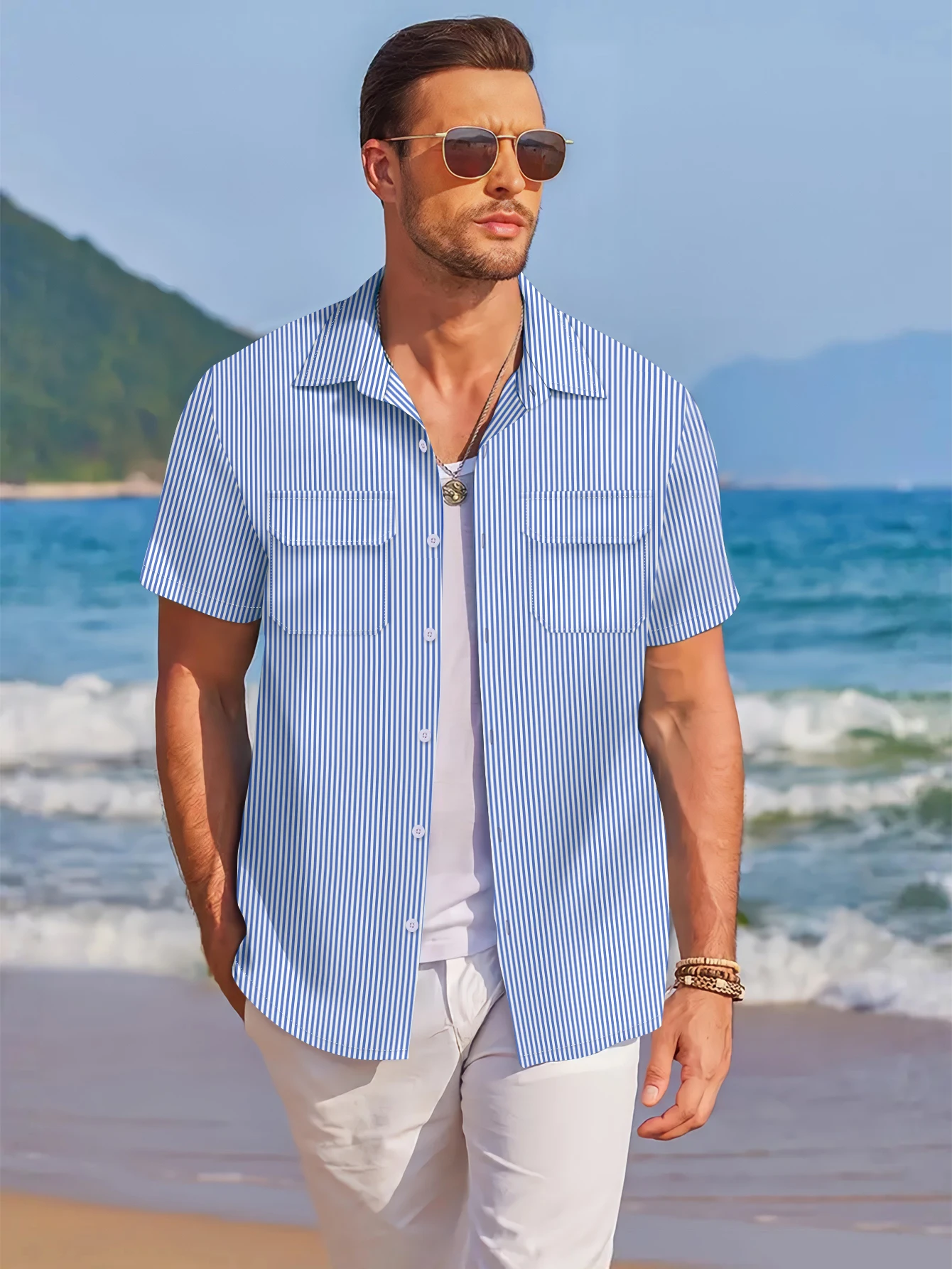 Men's breast pocket lightweight summer striped shirt Casual beach wear short sleeve summer beach shirt