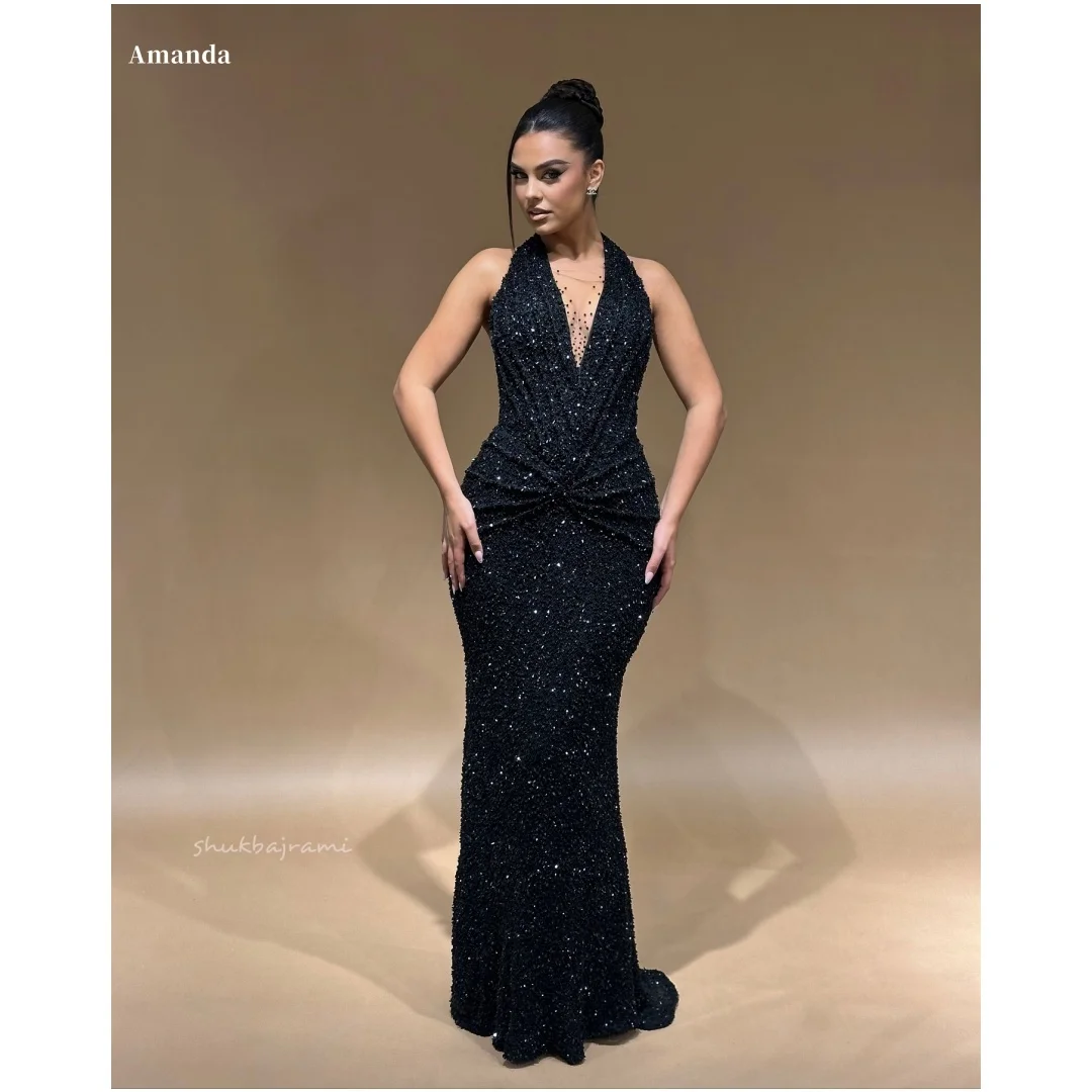 

Amanda Customized Halter Neck Prom Dress Glitter V Neck vestidos de noche Sleeveless Mermaid Floor-Length Formal Evening 2025