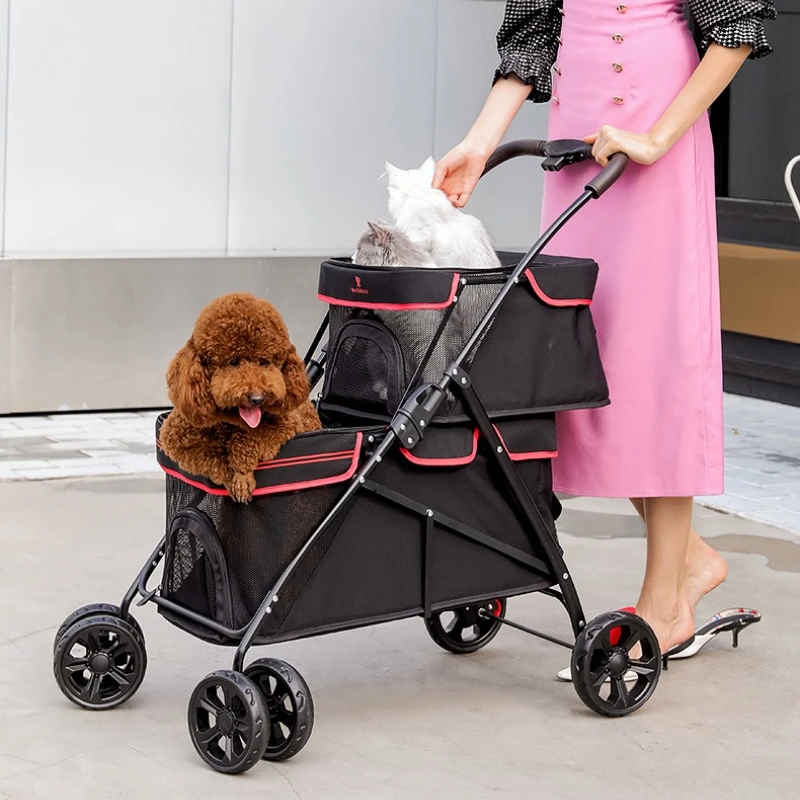 عربة أطفال محمولة بطبقة مزدوجة للحيوانات الأليفة خفيفة الوزن للغاية وقابلة للطي ومساحة كبيرة عربة أطفال للقطط والكلاب للسفر في الهواء الطلق عربة أطفال للحيوانات الأليفة