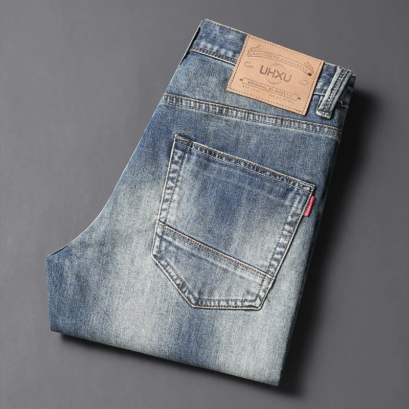 Fashion Vintage Men Jean High Quality Retro Blue Elastic Stretch Slim Jeans Men Plain Washed Casual Designer Denim Pants Hombre
