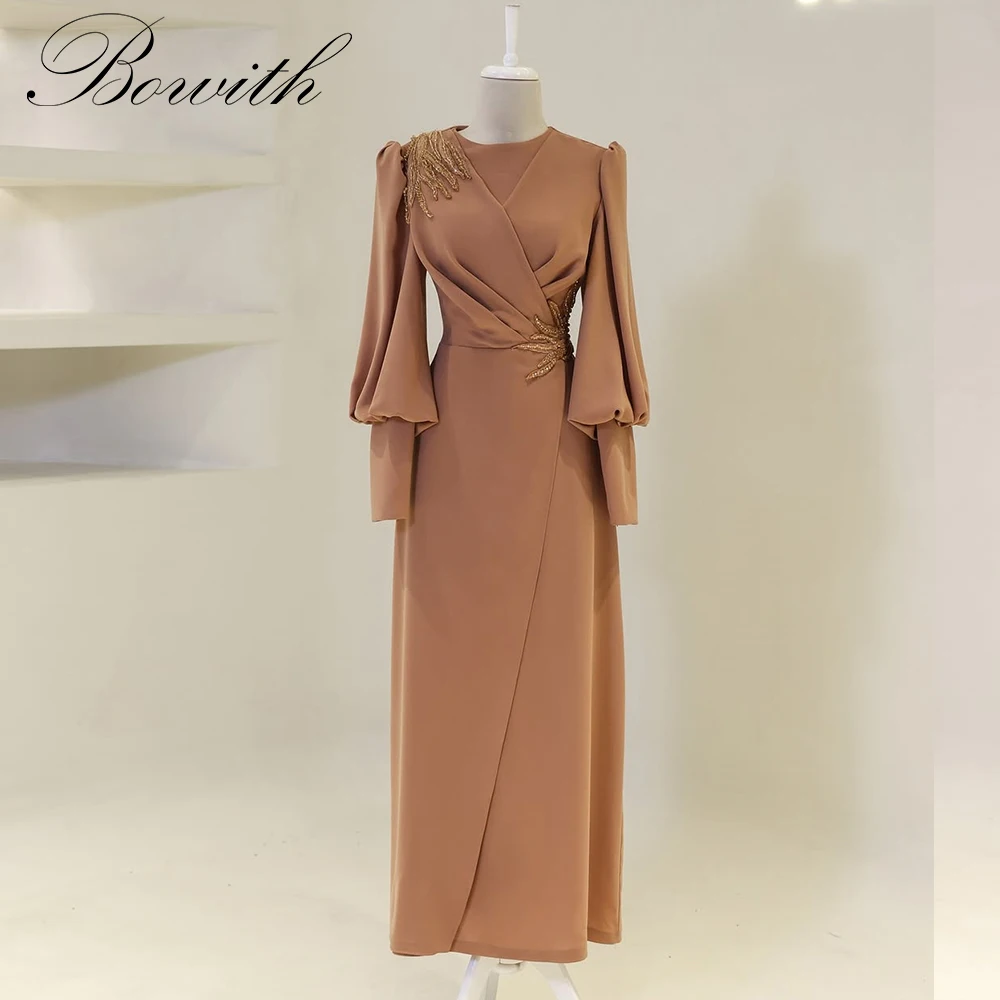 

Bowith Modest Evening Dresses Women O-Neck Lantern Sleeves Prom Party Gown Appliques Party Dresses Customized Formal Dresses
