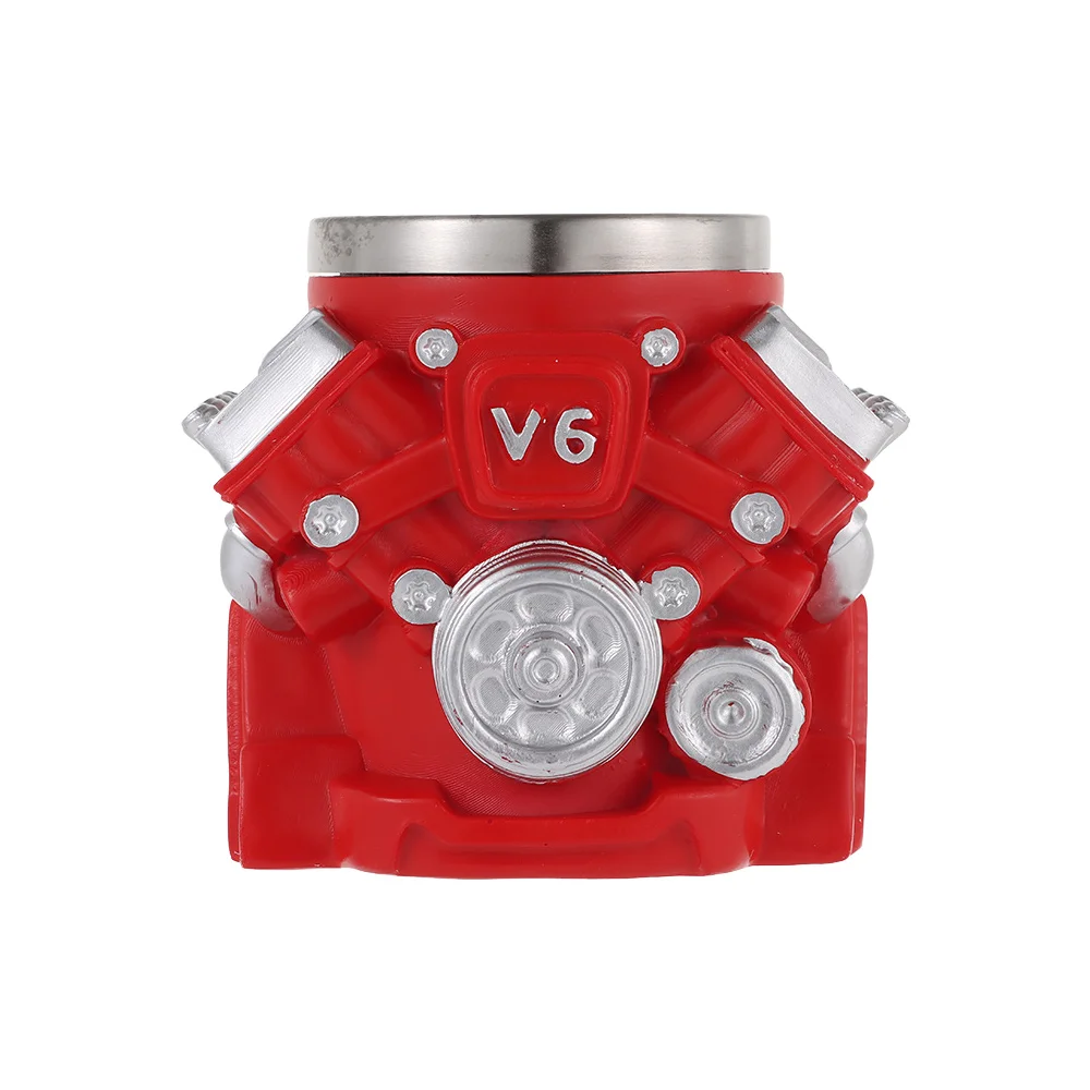 Retro Engine Coffee Mug Double Wall 300ML 15oz V6 Engines Stainless Steel Cup Realistic Design with Handle Insulation Car Mug