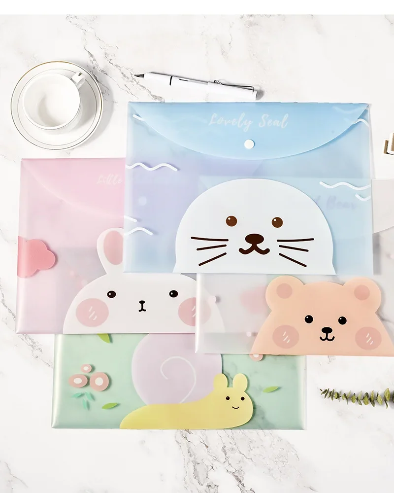 4PCS Office New File Bag A4 Cartoon Transparent Snap Bag Student Stationery PP Cute Information Bag