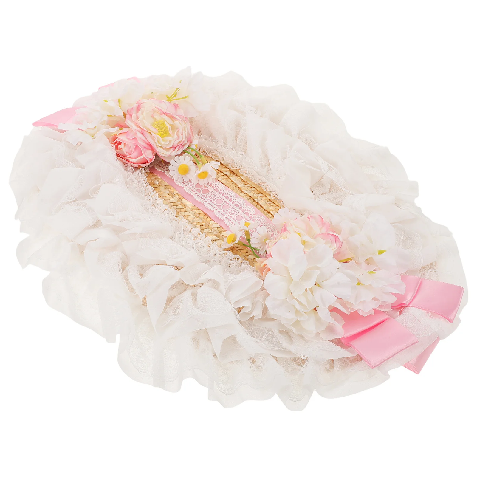 

Lolita Rattan For Women Victorian Lace Wide Brim Sun Hat Floral Ribbon Bow Garden Tea Party Beach Bonnet - Anti Uv Woven