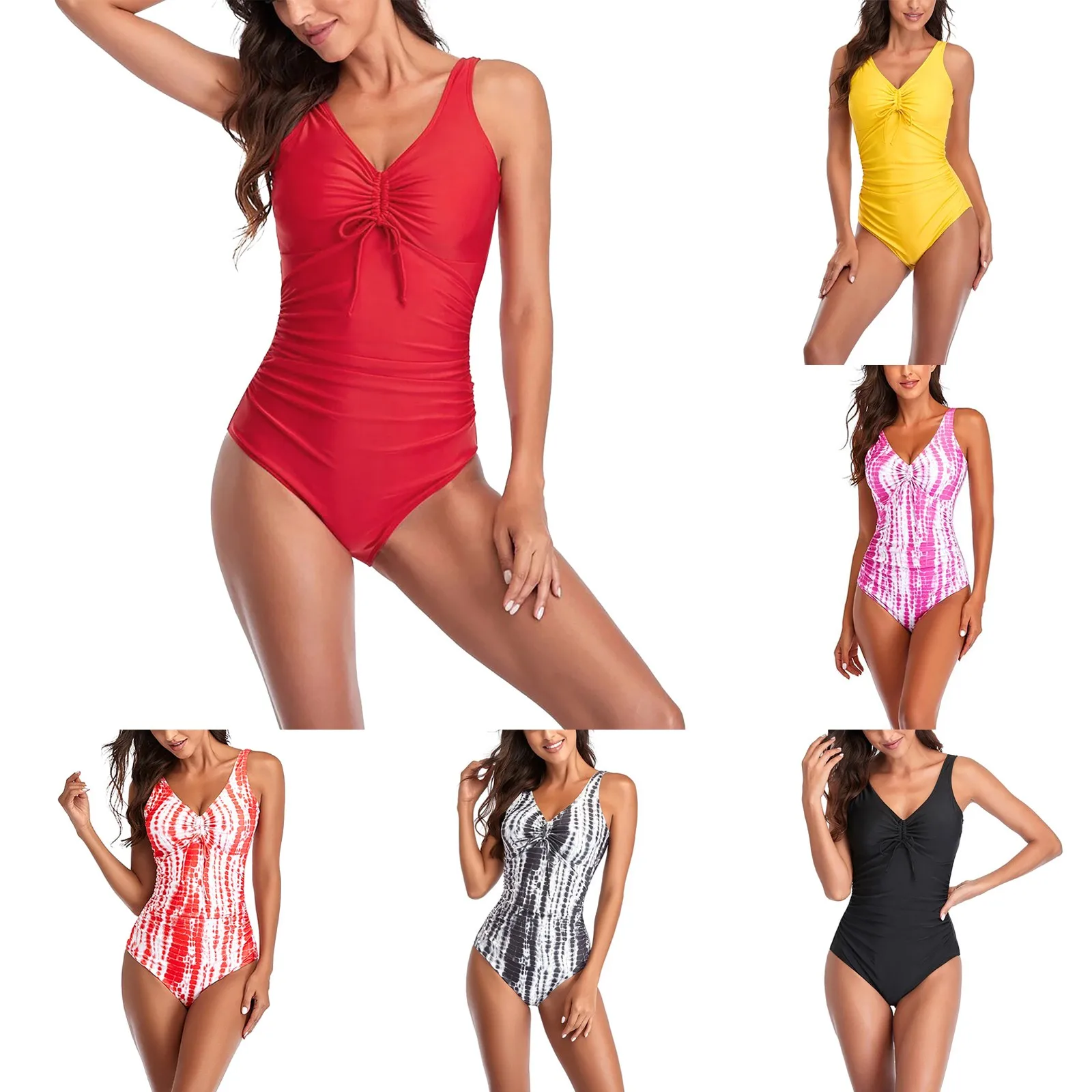 Women's Solid Color Swimsuit Ruched Tie Front Wireless Padded Bathing Suit Padded Beach Swimwear for women