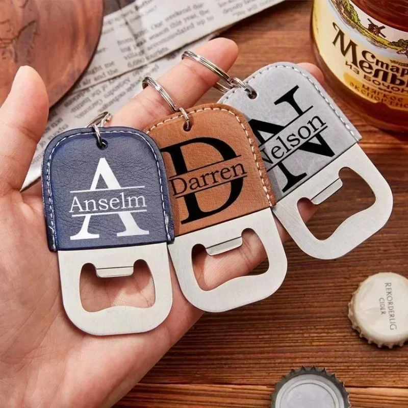 Customized Logo Pu Leather Stainless Steel Keychain Laser Engraved Beers Bottle Opener Key Chains Vintage Retro Keyring Gifts