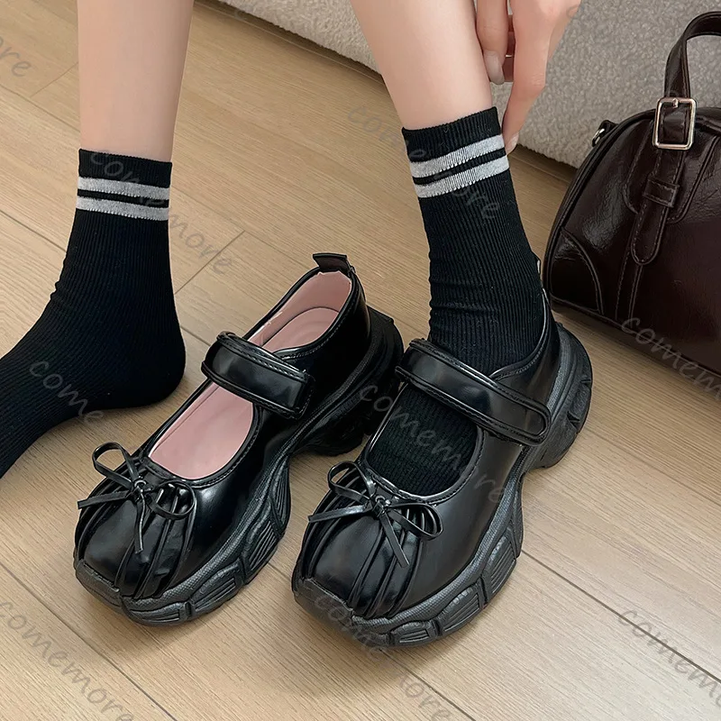 Comemore أحذية نسائية أسود فضي منصة ماري جينس أحذية رياضية 2026 ربيع الخريف جديد Bowknot كعب مكتنز سميكة سوليد المتسكعون #1