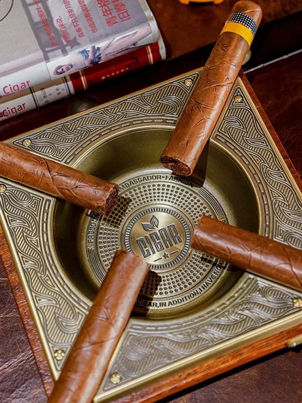 

JIFENG Brand Large Size Wood Metal Office Desk Cigar Ashtray Pineapple Pattern Four Cigar Slots Retro Style Ashtray