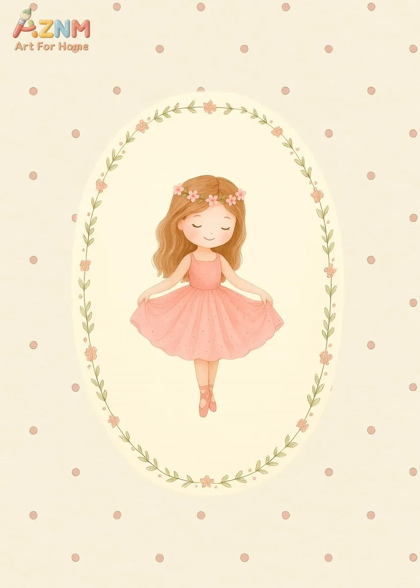 AZNM Cute Watercolor Ballerina Girl Canvas Wall Art Floral Wreath Polka Dot Print Sweet Princess Style Decor for Girls Bedroom N