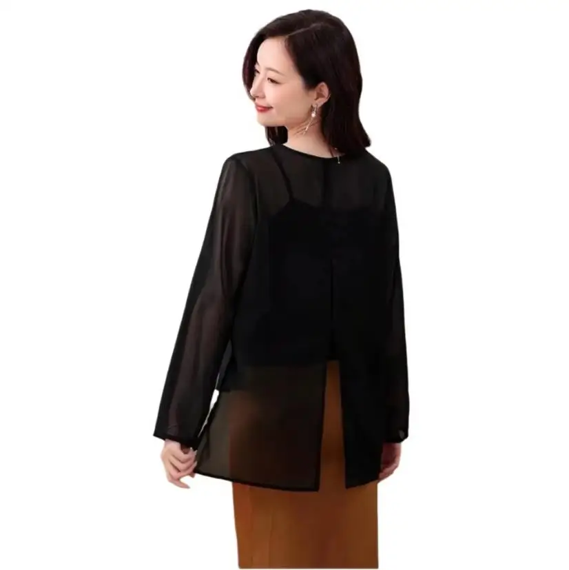 Korean Fashion Thin Chiffon Long Sleeve Shirt Transparent Oversized Women's Top Elegant See-through Cover-up for plus Size